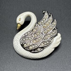 Vintage White Articulated Enamel And Faux Pearl Swan Brooch Pin Intricate